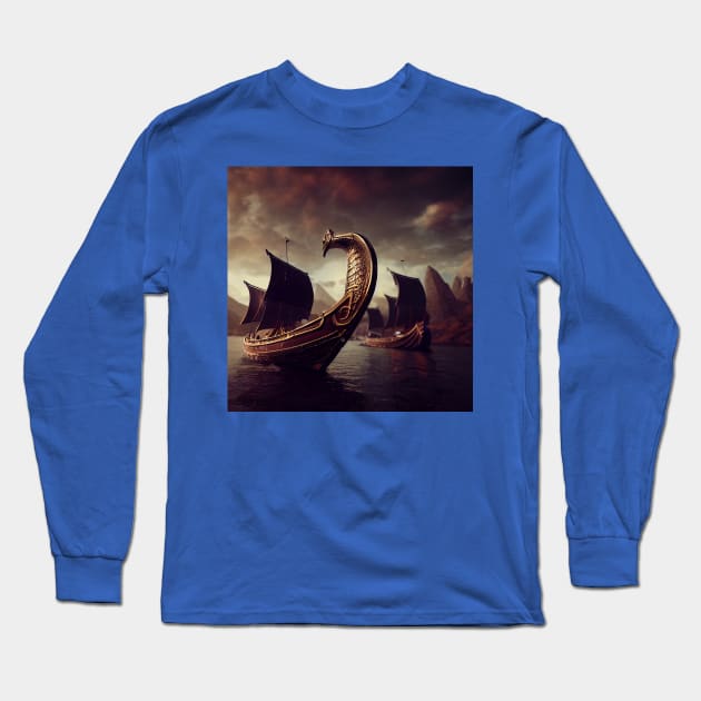 Viking Raiders on Longships Long Sleeve T-Shirt by Grassroots Green